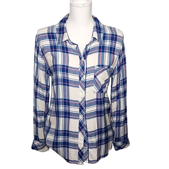Rails Hunter Plaid Button-up Shirt Women's M Long-sleeve‎ White/Blue/Raspberry - Picture 2 of 12